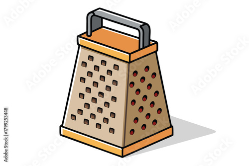 A cartoon grater with a gray handle and several holes rests on white background