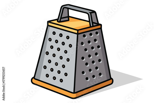 Cartoon cheese grater with silver finish stands upright on white surface