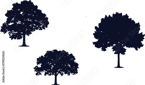described showcases three dark blue stylized tree silhouettes, each with unique characteristics while maintaining a cohesive aesthetic