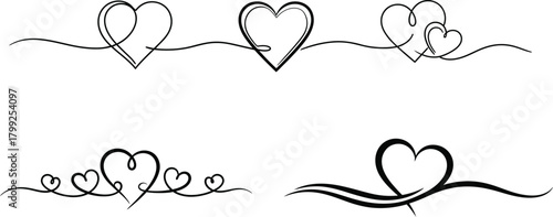 Elegant hand drawn heart flourishes and ornate decorative borders for romantic design elements