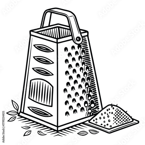 Bold monochrome grater and grated food present a classic culinary preparation beautifully