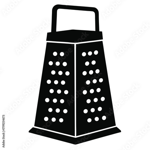 Black grater stands isolated on white, featuring a square handle and multiple grating surfaces