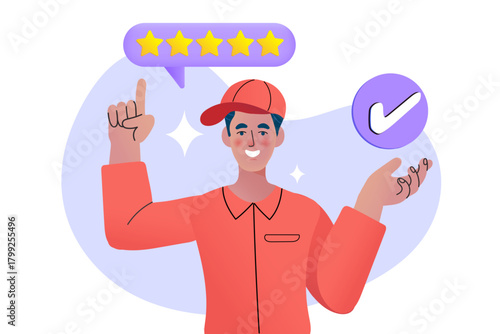 This service concept shows positive customer feedback. A proud worker in a red uniform points to a 5-star review and holds a check mark, representing top quality and a guaranteed best choice.