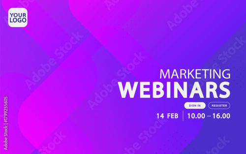 A modern business conference banner template with an abstract blue background. This professional layout features fluid shapes and geometric patterns, perfect for corporate webinars, marketing events.