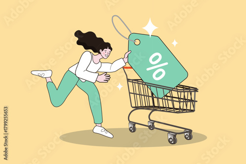 A happy woman rushes to shop with a cart holding a giant percent tag. This retail concept illustrates the excitement of a big sale discount, promotional offer, or a special bargain event.
