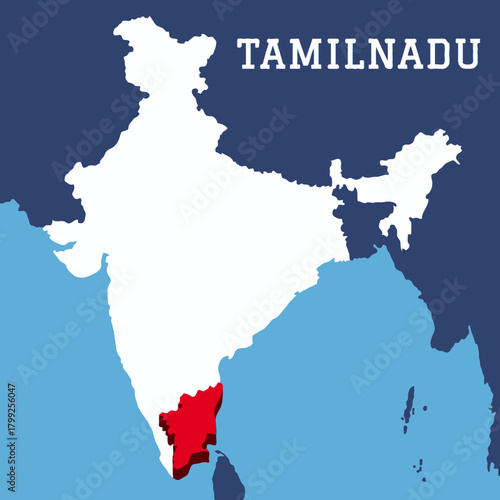 Tamilnadu highlighted 3D map on india map with blue background vector illustration