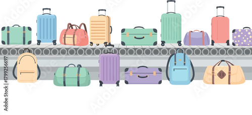 Colorful Suitcases and Bags on Airport Conveyor Belt in Bright Modern Style