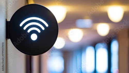 Wireless Connectivity Symbol: A closeup captures a sleek, illuminated Wi-Fi sign against a blurred indoor backdrop, conveying seamless connectivity.