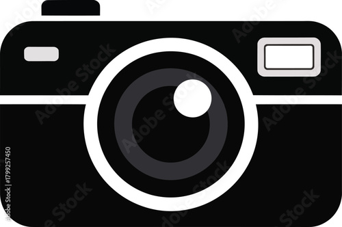 Simple flat design icon of a digital camera, representing photography, capture, media, memory, art, and modern technology in a minimalistic vector graphic style.