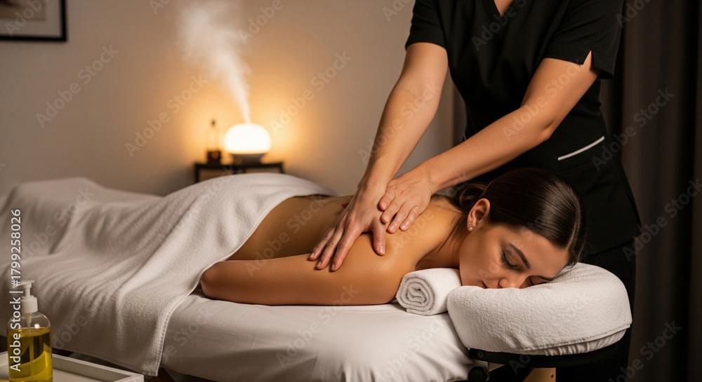 Obraz premium Professional massage therapist applying deep tissue massage techniques to client lying on massage table with towel, therapeutic bodywork for muscle relief and relaxation, rehabilitation