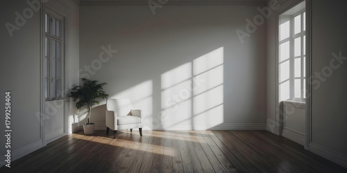 a minimalist, bright white room with a high ceiling and large windows on the left and right