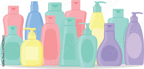 Colorful Assorted Personal Care Bottles in Pastel Shades on White Background