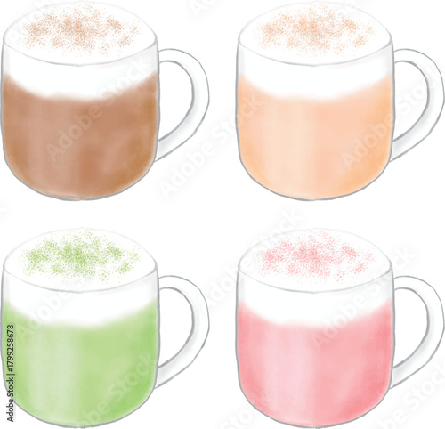 グラスに入ったいろいろなラテのイラストセット