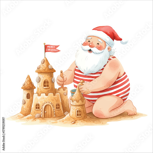 Santa Building Sandcastle Watercolor Vector Illustration
