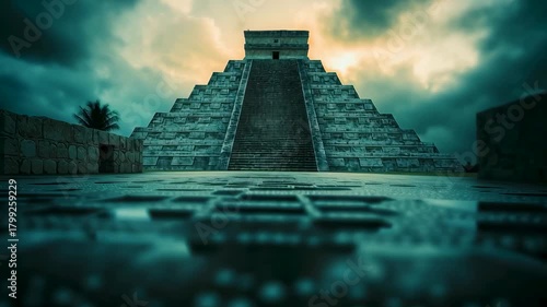 Ancient Echoes: A dramatic perspective on an ancient pyramid under a dynamic sky. The image evokes a sense of historical mystery and architectural marvel.