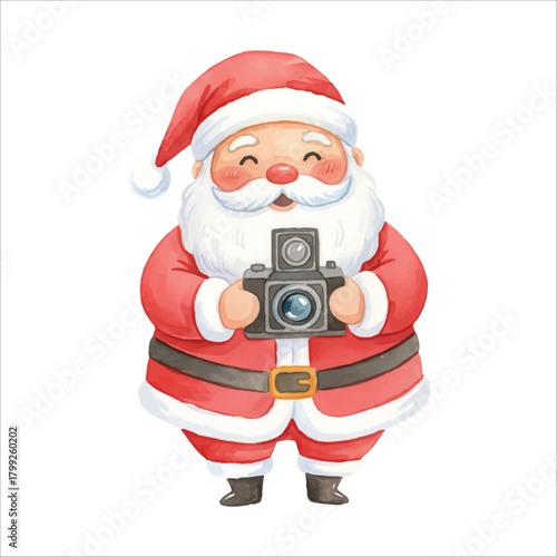 Santa Holding Retro Camera Watercolor Vector Clipart
