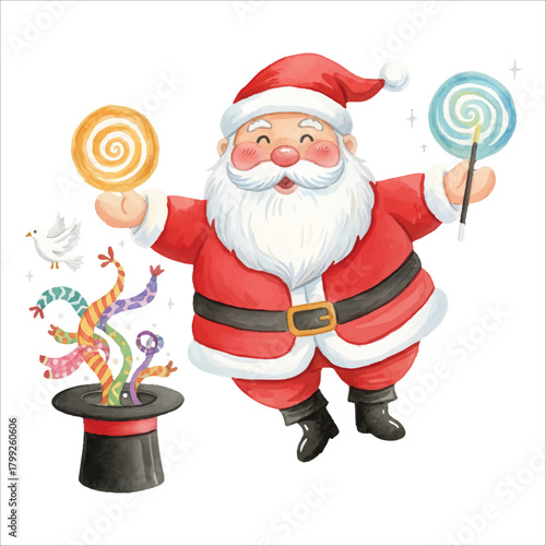 Santa Doing Magic Tricks Watercolor Vector Illustration
