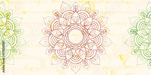 Abstract yellow grunge background with a green ornate mandala design