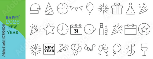 New Year Celebration Icons Set  Line Vector Pack
