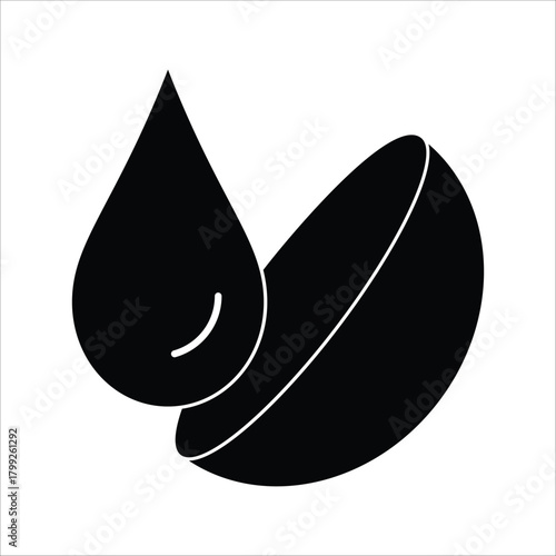 Clean and minimalist black and white graphic icon showcasing a single dark liquid drop delicately falling onto a fresh coffee bean, symbolizing rich flavor infusion and the essence of a premium brew