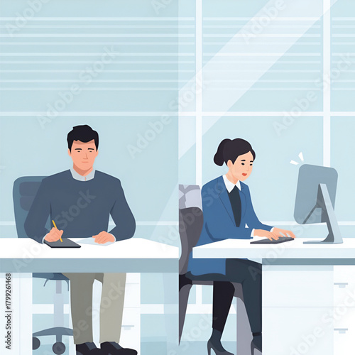 Business colleagues working at separate desks in a modern office