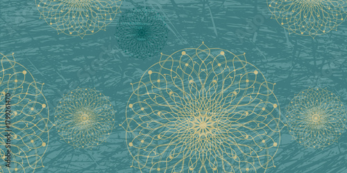 Abstract turquoise grunge background with a yellow ornate mandala design. Mandala background for decoration invitation, cards, logos, cover, brochure, flyer, banner. Islam, arabic, Indian, ottoman