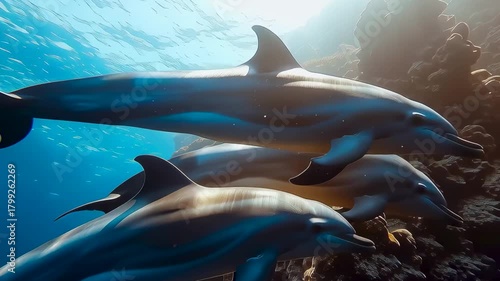 Underwater Symphony: A pod of dolphins gracefully glides through the shimmering turquoise waters, their sleek bodies illuminated by the sun's gentle rays, creating a breathtaking underwater scene.