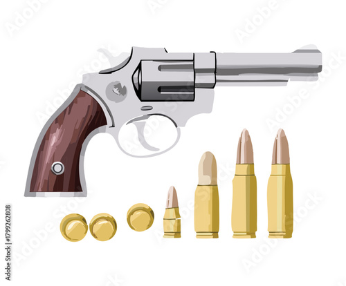 Professional silver pistol handgun with various ammunition sizes for shooting range practice and tactical self defense training
