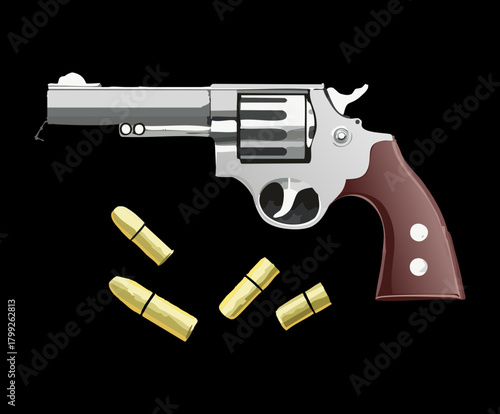 Classic silver revolver handgun with golden bullets for wild west outlaw theme and law enforcement security protection