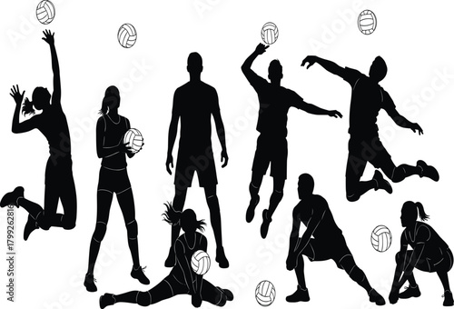 Silhouettes of dynamic volleyball players in action poses with balls, showcasing athletic movement, teamwork, energy, and sport technique illustration.