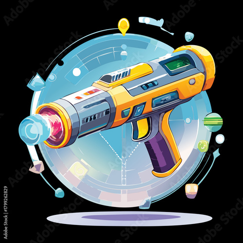 Advanced plasma blaster gun with spherical energy shield for futuristic battle game and space exploration technology design