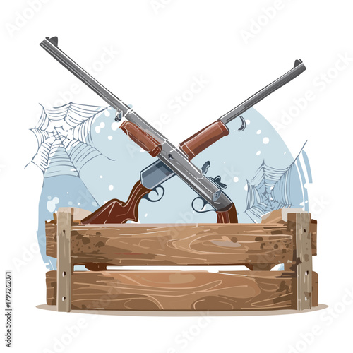 Two crossed hunting shotguns on wooden crate with spider webs for rustic cabin theme and halloween outdoor decor