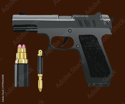 Modern black tactical handgun with ammunition magazine and accessories for professional security and self defense training protection