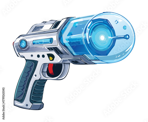 Futuristic blue energy blaster handgun with glowing plasma core for sci-fi space soldier game character combat asset