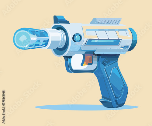 Advanced sci-fi energy handgun with blue glass barrel and sleek white design for futuristic tactical space combat