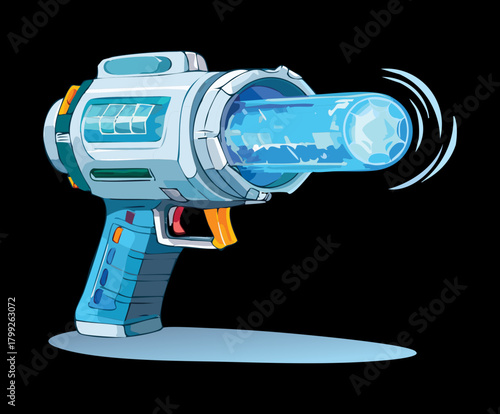Futuristic blue plasma blaster gun with glowing energy core for sci-fi space soldier game character combat