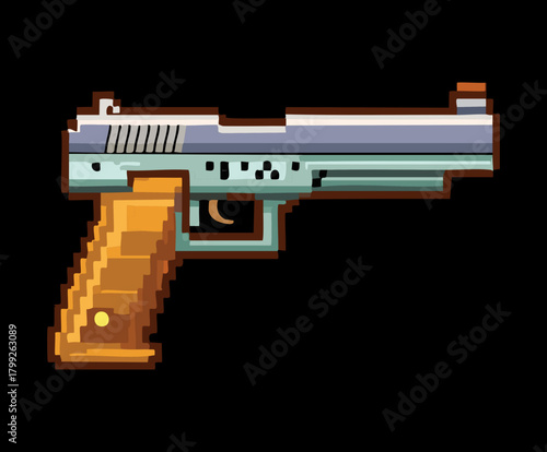 Sleek silver pixel art handgun with wooden grip for modern retro platformer game weapon collection and combat
