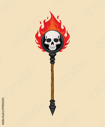 Flaming skull staff on fire for fire mage sorcerer and volcanic elemental magic fantasy character equipment