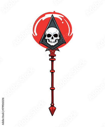 Dark skull staff with red glowing crystal for necromancer sorcerer and evil magic fantasy character equipment