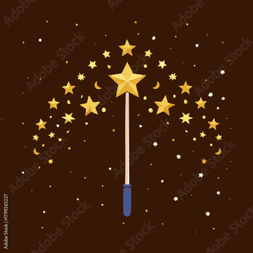 Golden star magic wand surrounded by many tiny glowing stars for fantasy celebration and magical miracle spell effect