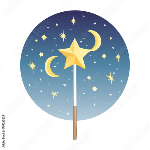 Crescent moon and star magic wand inside a circular celestial frame for astrology theme and fantasy mystic spell