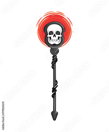 Dark gothic staff with human skull and red energy aura for necromancer character and dark magic sorcery weapon