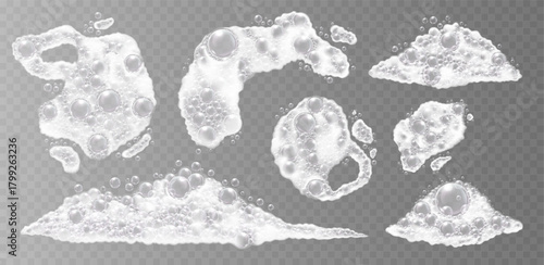 Realistic soap bubbles and foam on transparent background, perfect for cleaning, hygiene, and bath-themed designs. Vector illustration.