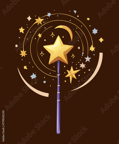 Celestial star wand with golden crescent moon and orbiting planets for magical astrology and cosmic wizard character
