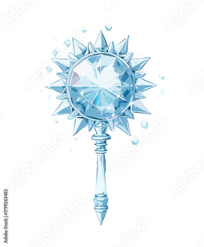 Magical ice crystal morning star mace weapon with frozen diamond spikes and glowing blue winter elemental energy aura