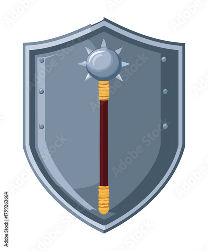 Large blue knight shield with central iron mace weapon for heavy defense and warrior combat in fantasy