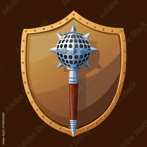Medieval knight shield with a spiked iron mace weapon for protection and heavy combat in fantasy battle