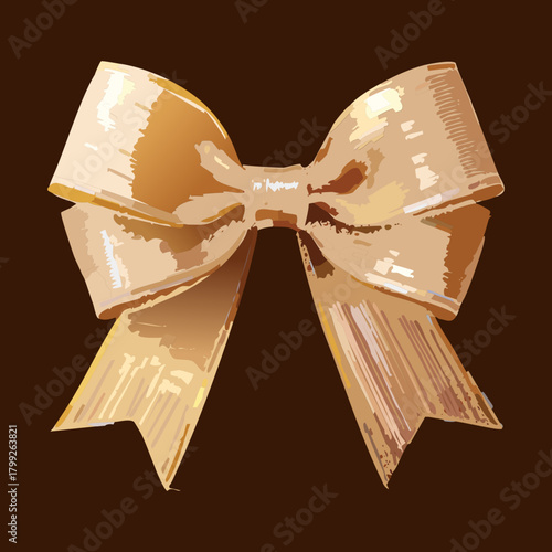 Elegant golden silk bow with metallic texture and intricate folds for luxury gift packaging and holiday decoration
