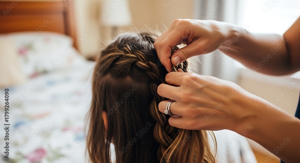 Naklejka premium Hands braiding a young girl's long brown hair indoors hairstyle hair styling