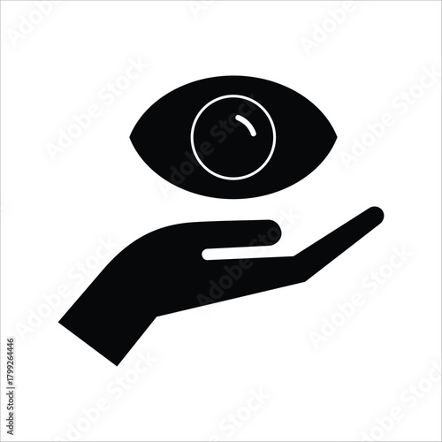 Clean vector illustration of a human hand supporting a stylized eye, an iconic symbol of careful observation, visual protection, foresight, and insightful awareness